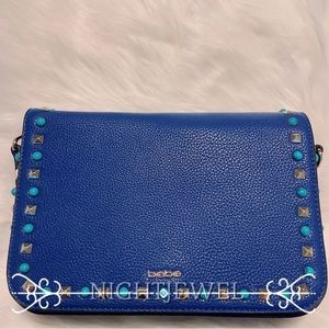 💙BEBE Rockstud stud blue turquoise embroidered strap flap clutch shoulder bag